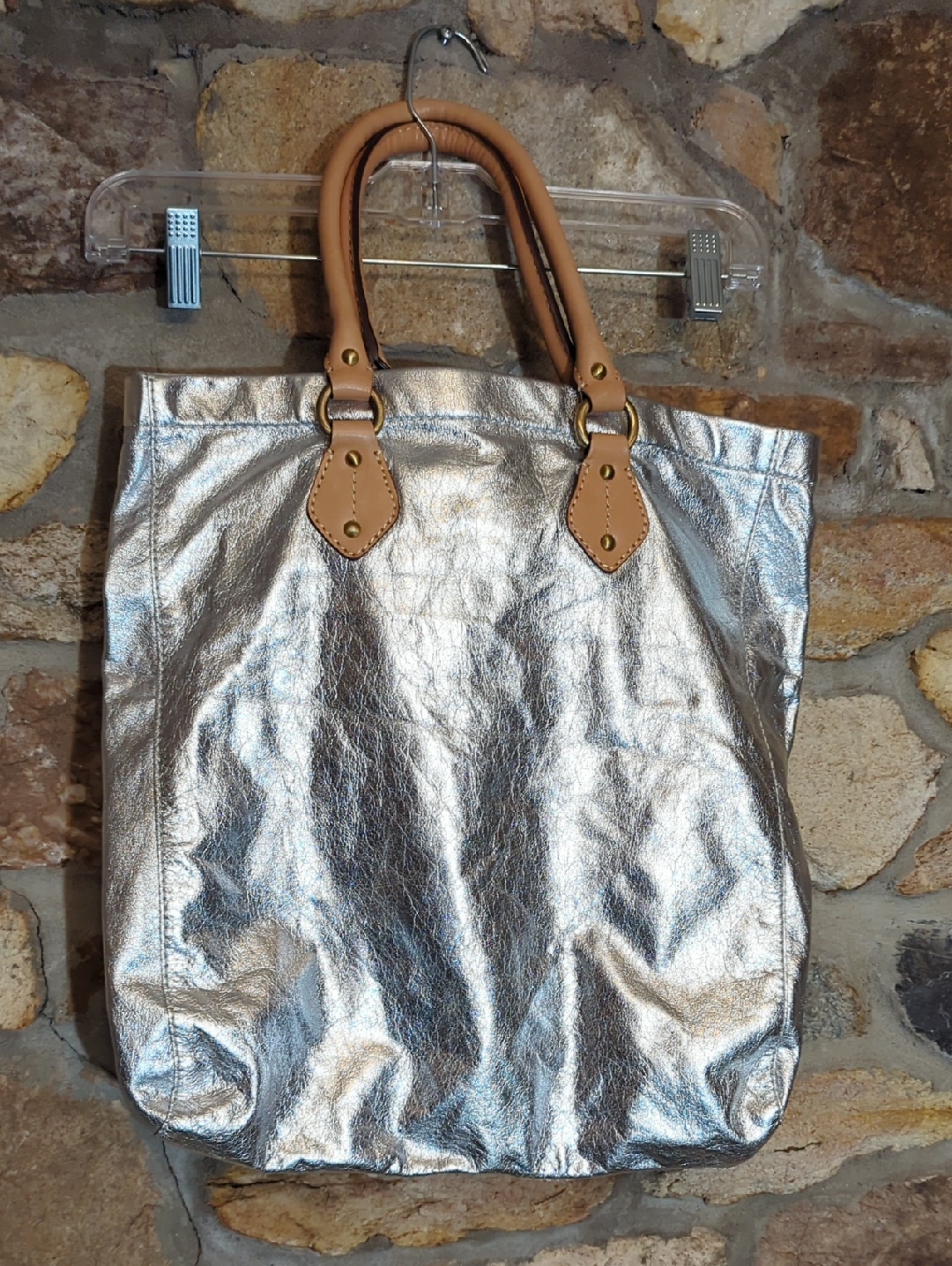 J. Crew Metallic Silver Tote With Tan Handles